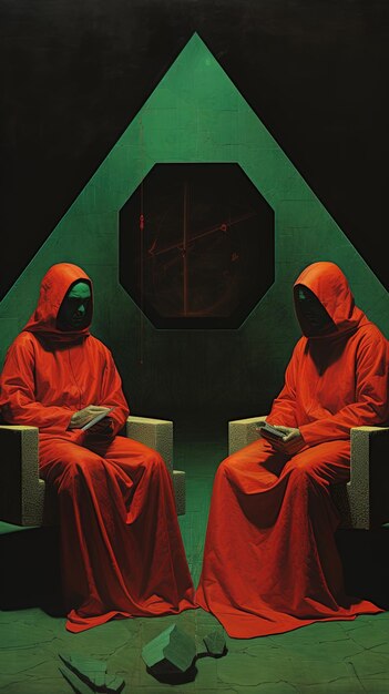 Photo deux hommes en robes orange sont assis dans une pièce sombre avec une lumière verte