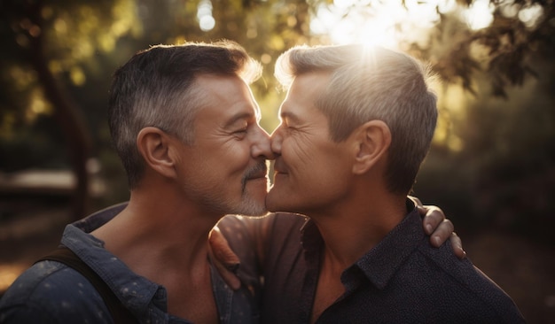 Deux hommes s'embrassant dans un parc