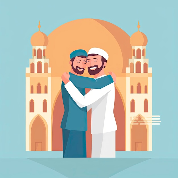 Deux hommes s'embrassant devant une mosquée Eid mubarak