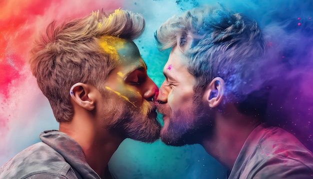 Deux hommes s'embrassent dans la peinture au festival Happy Holi concept indien