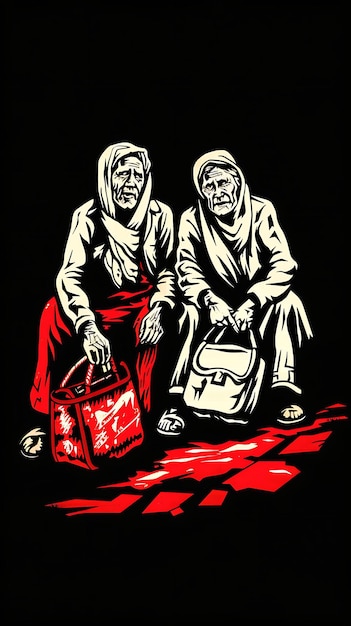 deux hommes avec un sac et un sac qui dit "le sang rouge"