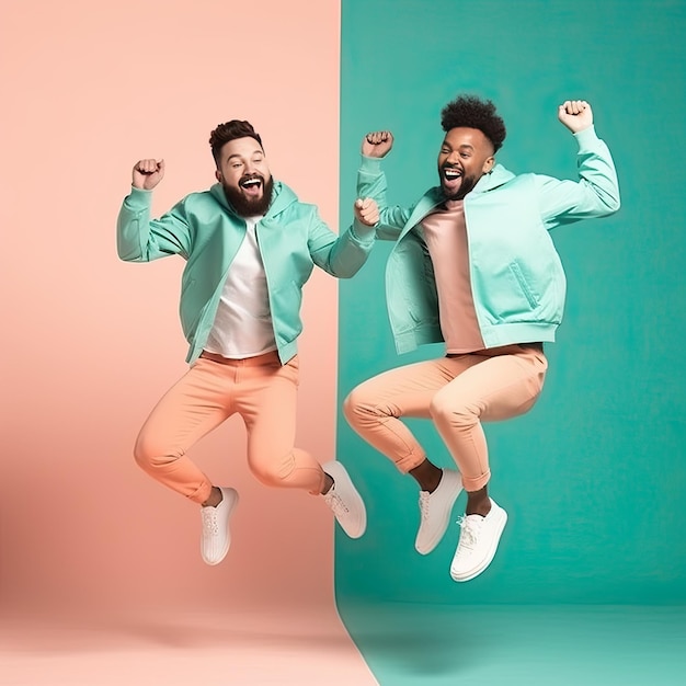 Deux hommes sautant devant un fond rose et turquoise