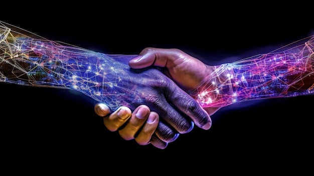 Photo deux hommes se serrant la main le monde virtuel concept de succès en ligne ai générative