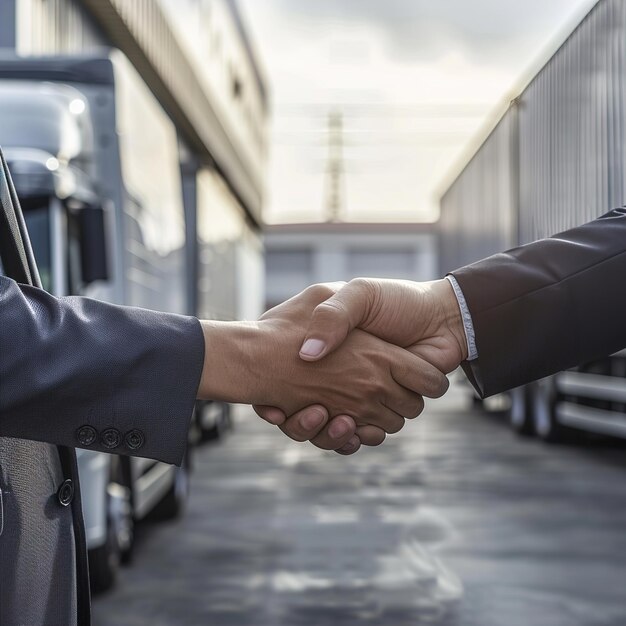 deux hommes se serrent la main avec un camion à l'arrière-plan