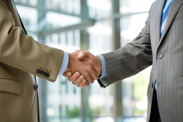 Deux hommes se serrent la main pour symboliser un accord ou un partenariat.