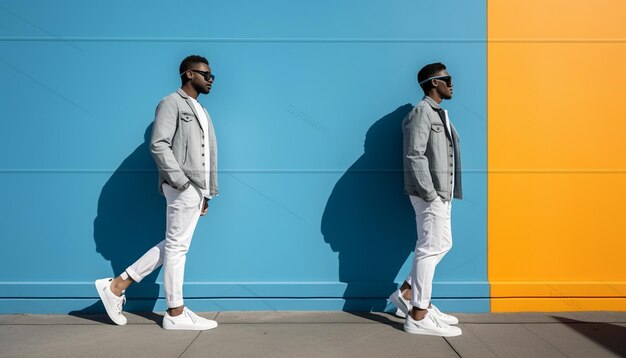 deux hommes se tiennent devant un mur bleu dont l'un a un mur Bleu derrière eux