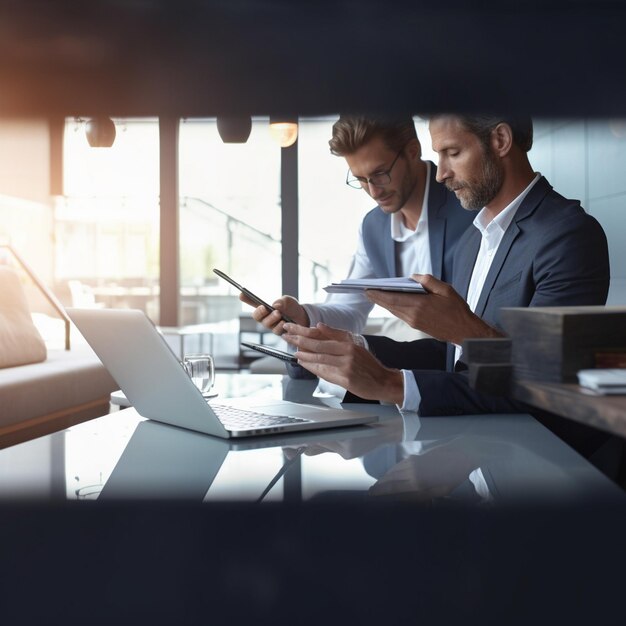 deux hommes sont assis à un bureau avec des ordinateurs portables et des papiers.