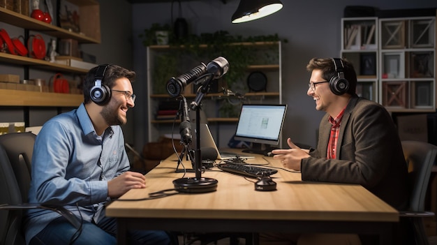 Photo deux hommes sont assis à une table avec un microphone et un microphone