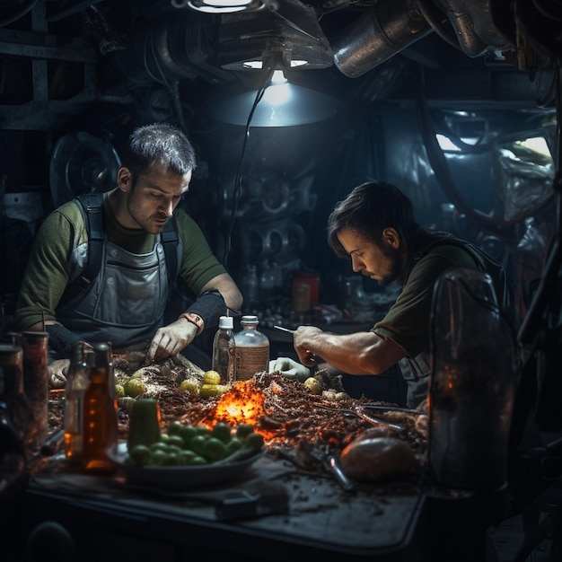 deux hommes sont assis à une table avec de la nourriture et un homme en chemise verte prépare à manger.