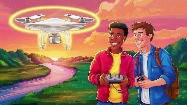 deux hommes sont debout devant un drone volant et un homme dans une veste rouge