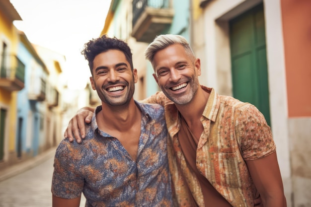 Deux hommes souriant et s'embrassant dans une rue