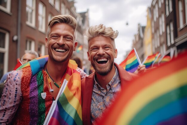Deux hommes sourient dans un défilé avec un drapeau arc-en-ciel en arrière-plan.