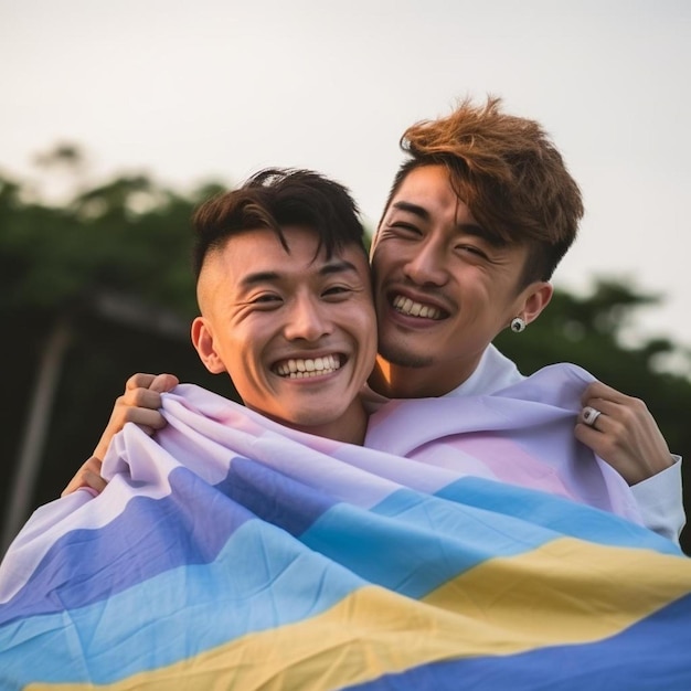 deux hommes sourient et l'un a un drapeau arc-en-ciel dans la main