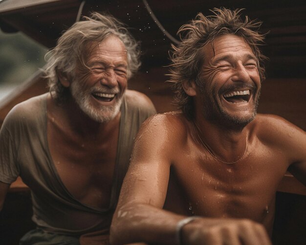 Deux hommes sourient et rient sur un bateau