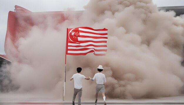 Photo deux hommes tiennent un drapeau et un drapeaux qui dit 