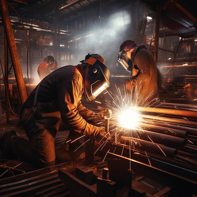 deux hommes travaillant sur une structure métallique avec le chapeau dur sur