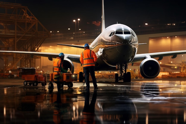 deux hommes travaillant sur la voie de roulement d'un grand avion de nuit dans le style photoréaliste