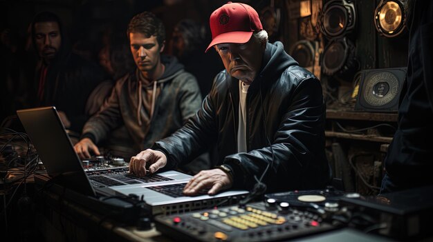 deux hommes travaillent sur un DJ et l'un porte un chapeau rouge