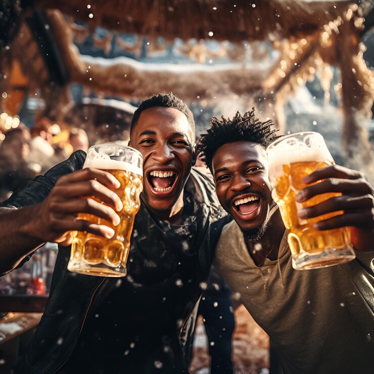 deux hommes trinquant avec des verres à bière devant une scène.