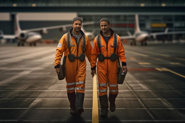 Photo deux hommes en uniforme orange marchent sur une piste avec un avion en arrière-plan.