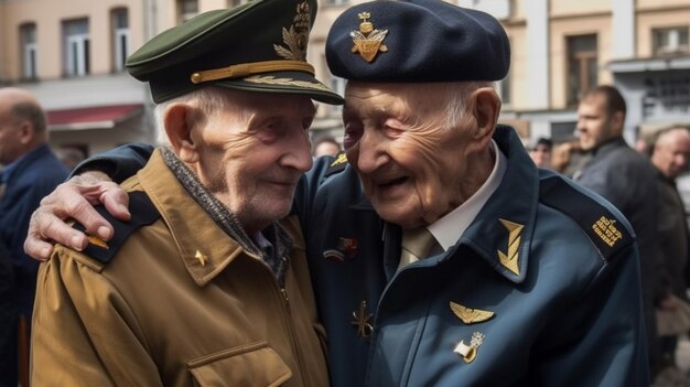 Deux hommes en uniformes militaires s'embrassent devant une foule.