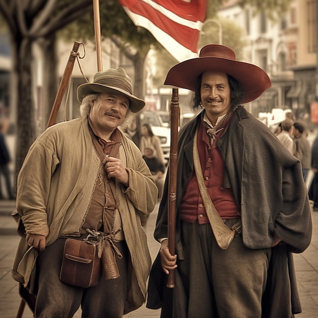 Deux hommes en vêtements à l'ancienne se tiennent devant un drapeau