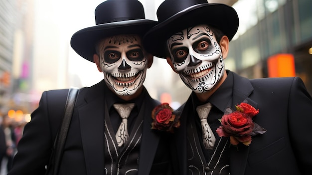 Deux hommes vêtus de vestes noires et maquillés pour Halloween, le jour des couples monogames morts