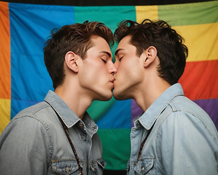 Photo deux homosexuels s'embrassent avec le drapeau de la fierté lgbt en arrière-plan