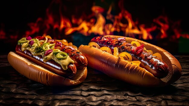 Photo deux hot-dogs avec des garnitures sur un gril png ia générative transparente