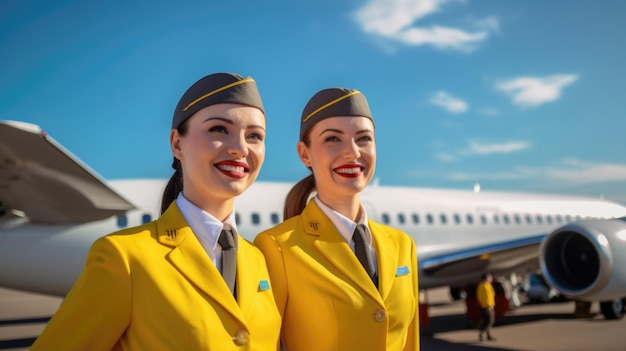 Deux hôtesses de l'air souriantes en costume jaune debout devant l'entrée de l'avion sous le ciel bleu Generative AI AIG21