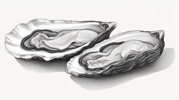 Photo deux huîtres avec un fond blanc et un dessin ai génératif en noir et blanc
