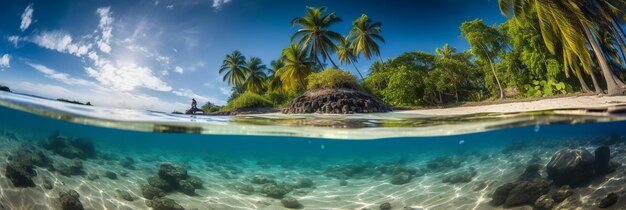 Deux îles tropicales avec des palmiers et une plage en arrière-plan