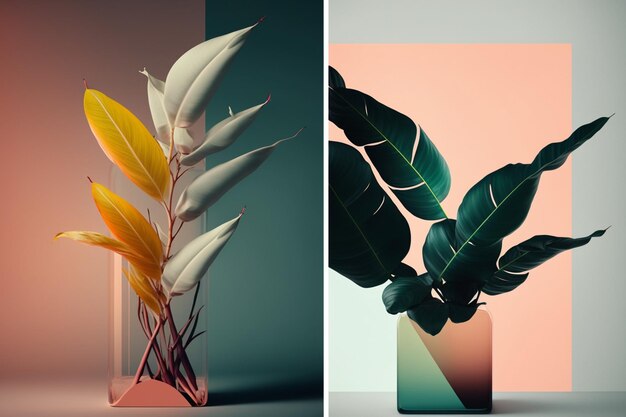 Deux images d'une plante et d'un vase avec un fond rose et orange