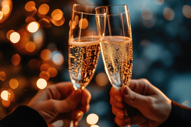 Deux individus tenant des flûtes de champagne dans un geste de célébration Un toast au champagne à minuit la veille du Nouvel An généré par l'IA