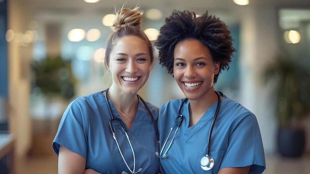 Photo deux infirmières se liant dans un bureau mettant en valeur la camaraderie et le travail d'équipe dans les soins de santé concept travail d'équipe en soins de santé camaraderie infirmières office setting