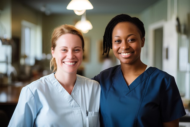 deux infirmières souriantes dans une photo de bureau