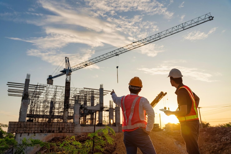 Deux ingénieurs en construction d'hommes d'affaires asiatiques supervisant l'avancement du projet de construction sur le chantier