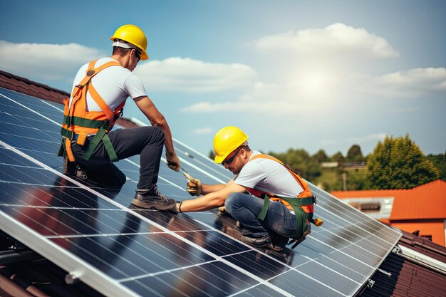 Deux ingénieurs installent et connectent un système de panneaux solaires Processus d'installation de panneaux solaires sur le toit d'une petite maison Énergie verte et économies d'énergie