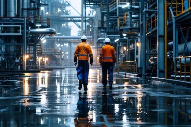 deux ingénieurs marchant dans une raffinerie de pétrole une usine de raffinage de pétrole k photo réelle