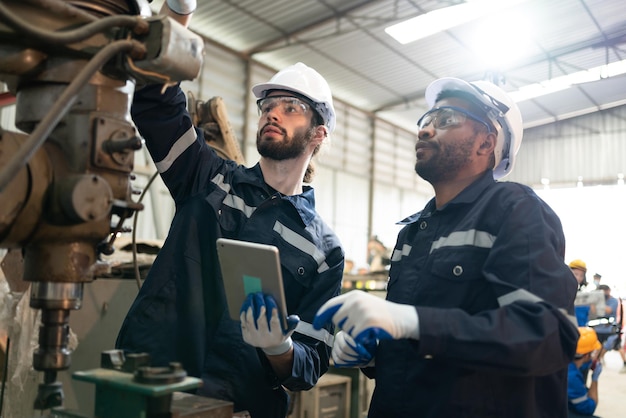 Photo deux ingénieurs masculins en uniforme avec casque à l'aide d'une tablette faisant la machine de forage d'entretien à l'usine