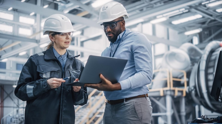 Photo deux ingénieurs professionnels de l'industrie lourde portant un uniforme de sécurité et des chapeaux durs travaillant sur un ordinateur portable technicien afro-américain et travailleuse parlant lors d'une réunion dans une usine