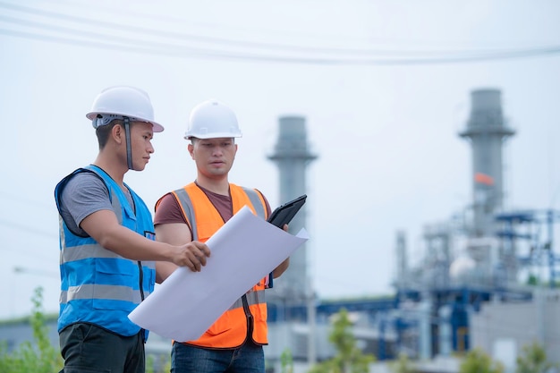 Deux ingénieurs travaillant dans une centrale électriqueTravailler ensemble joyeusementS'entraider pour analyser le problèmeConsulter les directives de développement