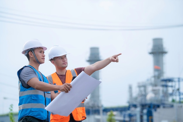 Deux ingénieurs travaillant dans une centrale électriqueTravailler ensemble joyeusementS'entraider pour analyser le problèmeConsulter les directives de développement