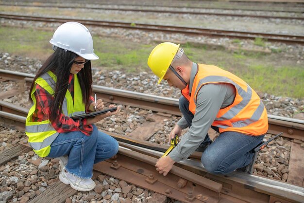 Deux ingénieurs travaillant à la gareTravaillez ensemble joyeusementEntraidez-vous pour analyser le problèmeConsultez les directives de développement