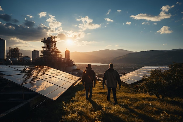 Deux ingénieurs vérifiant des panneaux solaires sur une belle colline avec vue panoramique IA générative