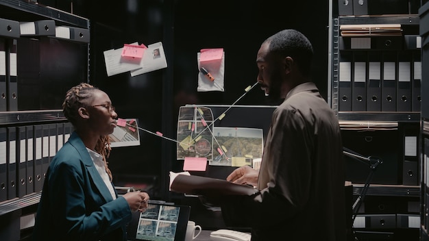 Deux inspecteurs vérifient les antécédents dans la salle des preuves, regardent des images de surveillance pour une enquête privée. Équipe de policiers découvrant des détails sur la carte et les dossiers.