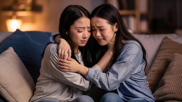 Deux jeunes amies pleurent ensemble à la maison.