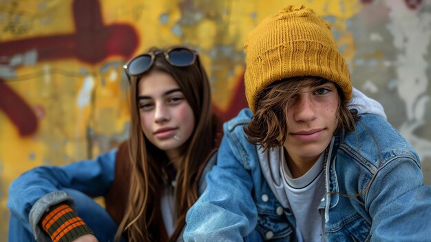 Deux jeunes amis, un garçon et une fille, sont assis devant un mur coloré. Ils portent tous les deux des vêtements décontractés et ont les cheveux lâchés.