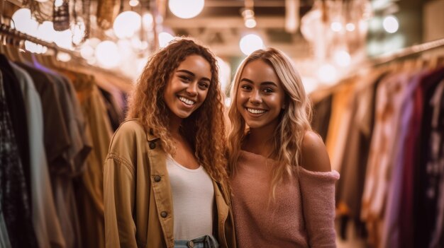 Deux jeunes amis se tiennent joyeusement dans un magasin de vêtements