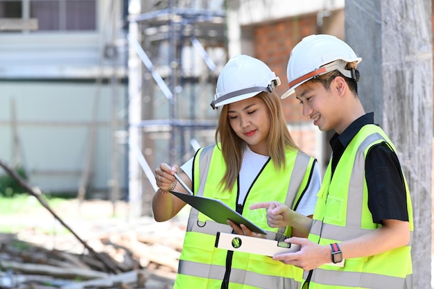 Deux jeunes architectes discutant ensemble des détails de développement de la planification sur le chantier de construction